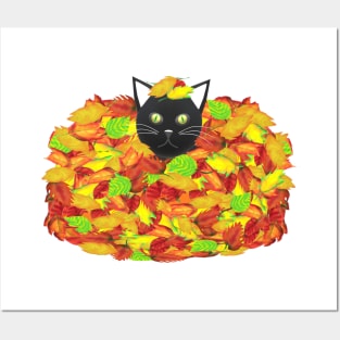 Black and White Tuxedo Cat Playing in a Pile of Fallen Autumn Leaves (White Background) Posters and Art